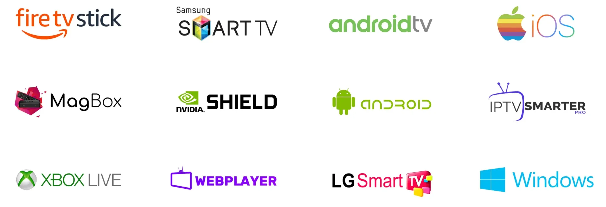 Logos of the platforms and devices that run MAG Box IPTV